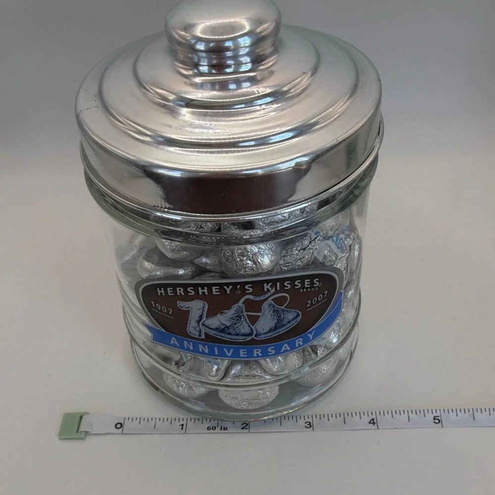 VTG Hershey Kisses Silver Anniversary Jar, 1907-2007, 6”x4”, Filled w Kisses! 😘